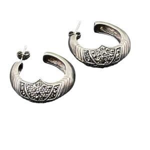 Signed 925 TH SU Vintage Marcasite Bali Inspired‎ Sterling Silver Hoop Earrings